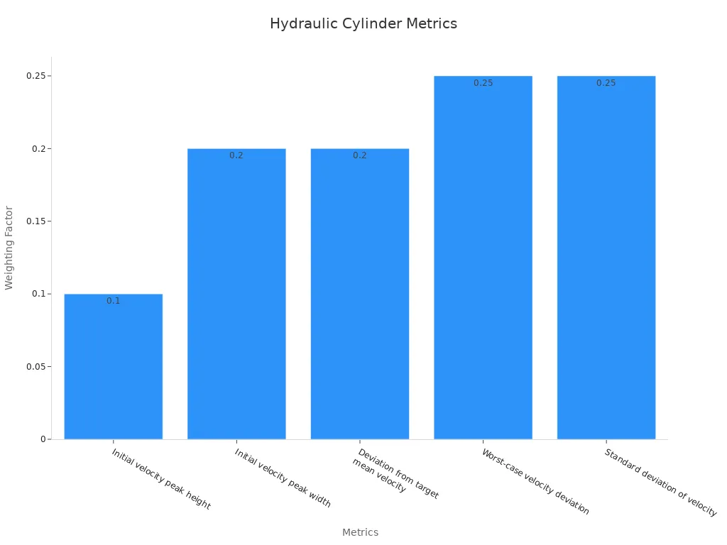 Bar chart comparing hydraulic cylinder performance metrics by weighting factor